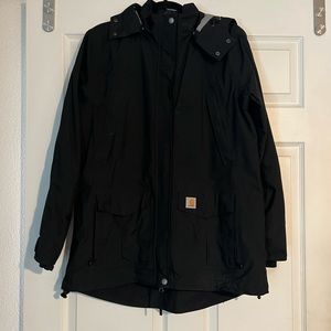 Woman’s storm defender light weight rain jacket with detachable hood.